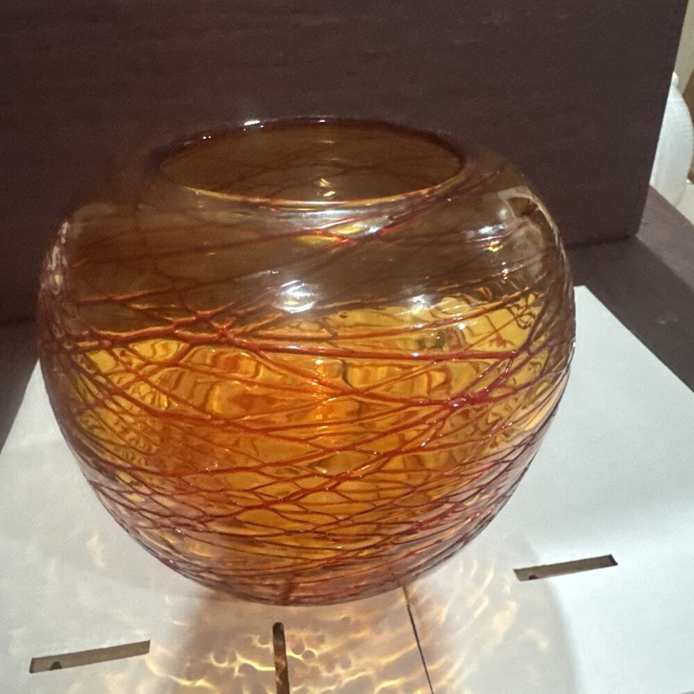 Hand Blown Art Glass Rose BowlAmber W Ruby Threading 6.5” iMurano Style